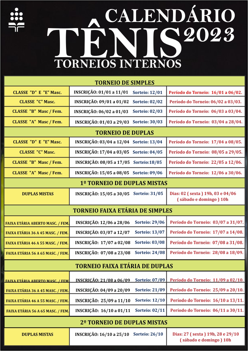 Calendário Tênis 2023 Torneios Internos Marina Barra Clube